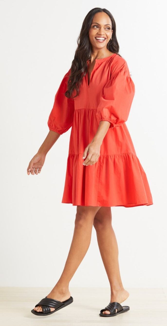 Sundry Evereve The Anywhere Dress Coral Womens Medium Size 2 Puff Sleeve Tiered
